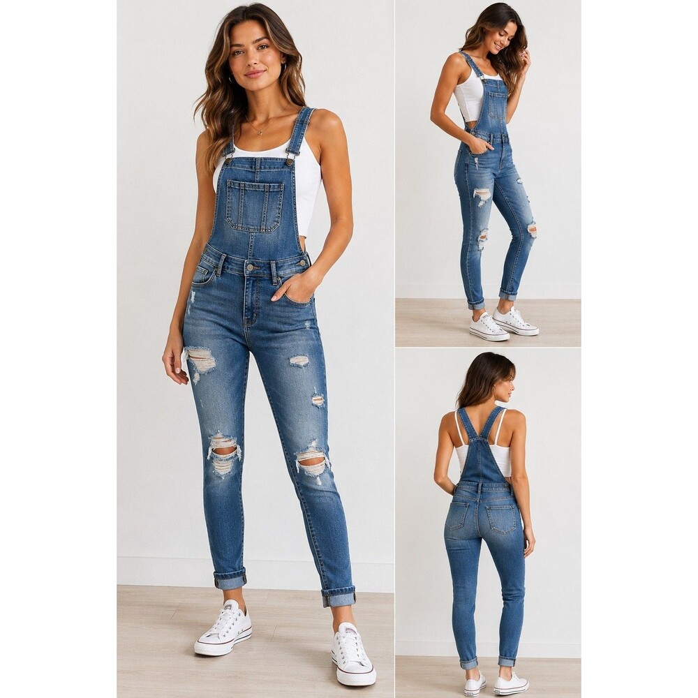 Wax Jean Women’s Size S Distressed Denim Overalls Stretch Skinny Blue Jumpsuit
